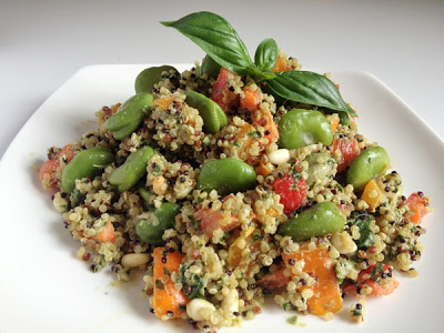 Broad bean, bell pepper and quinoa salad with basil tahini dressing